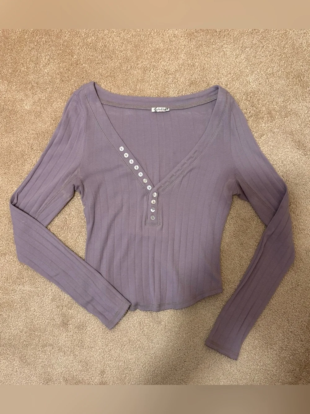 Free People Ribbed V-Neck Long-Sleeve Top in Lavender